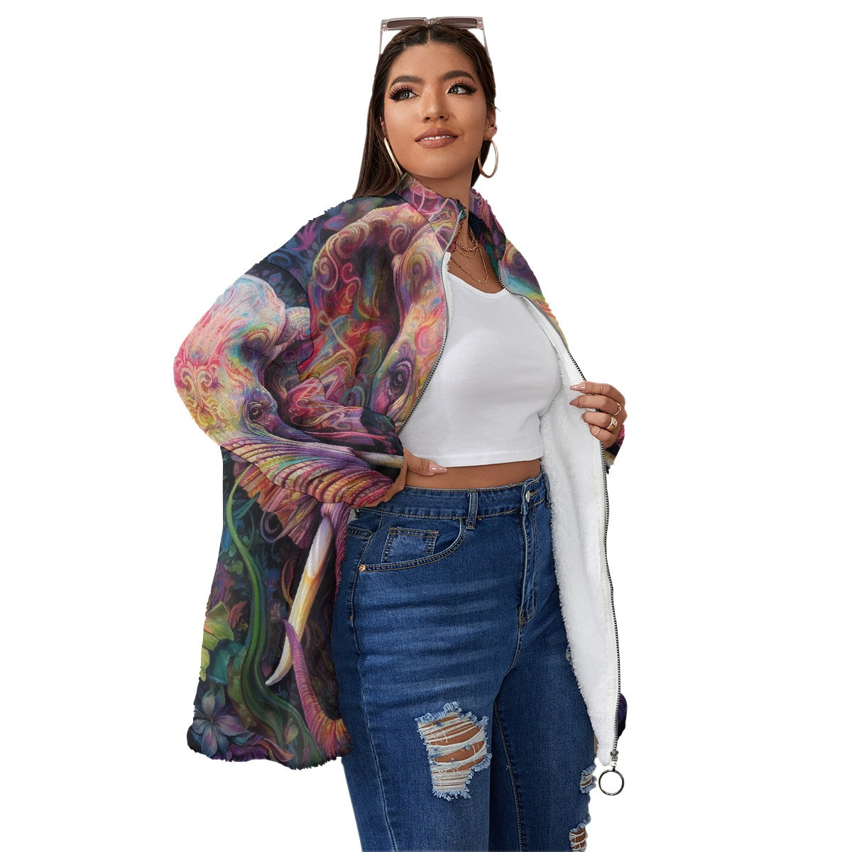 All-Over Print Unisex Borg Fleece Stand-up Collar Coat With Zipper Closure(Plus Size)