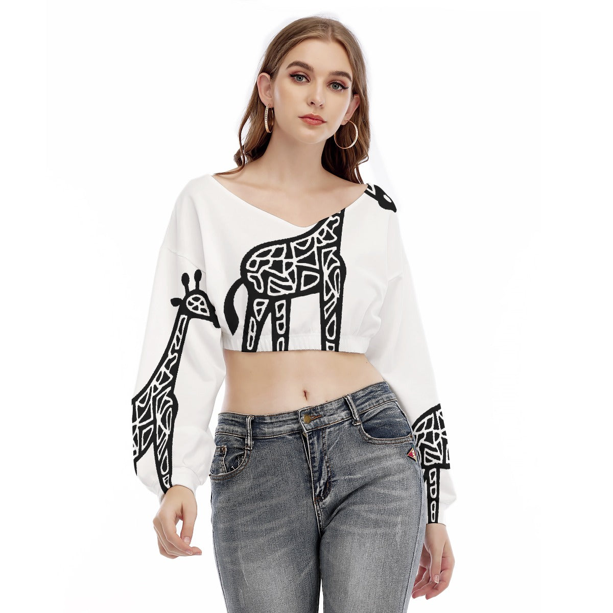 All-Over Print Women's V-neck Long Sleeve Cropped Sweatshirt