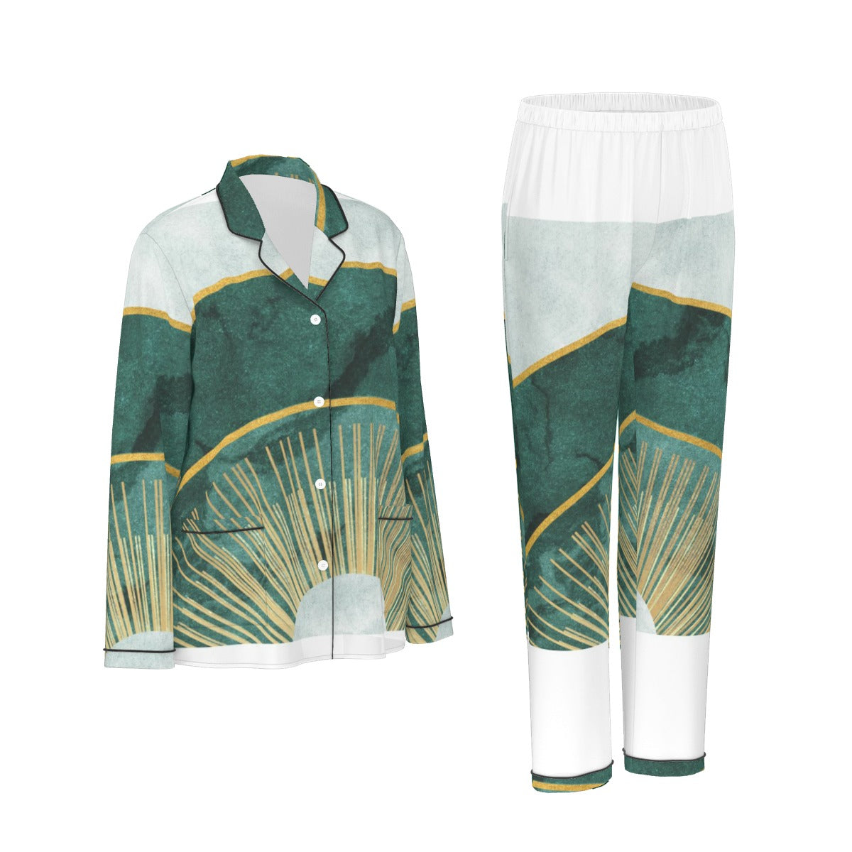 All-Over Print Women's Long Sleeve Pajama Set With Black Contrast Piping