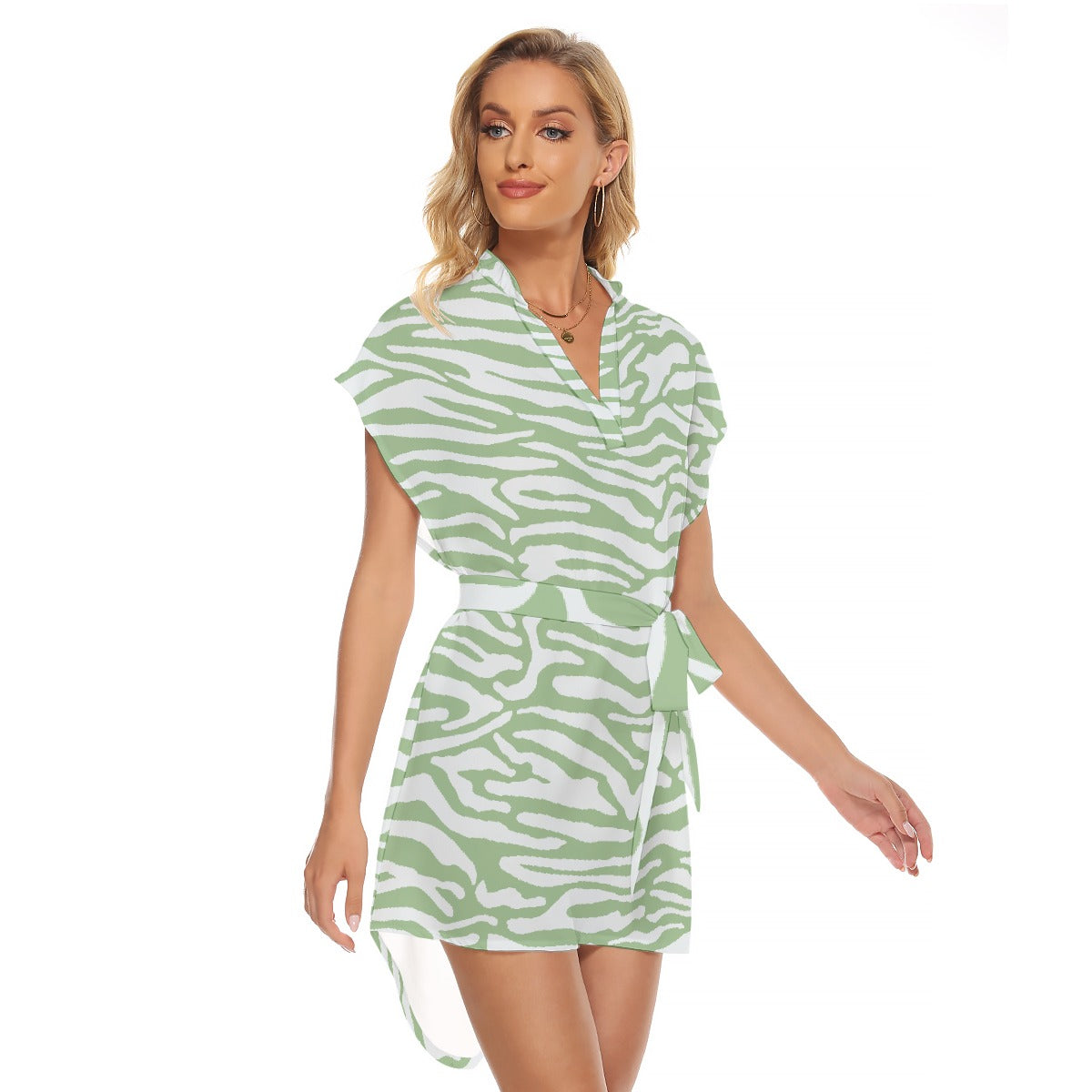 All-Over Print Women's Stand-up Collar Casual Dress With Belt