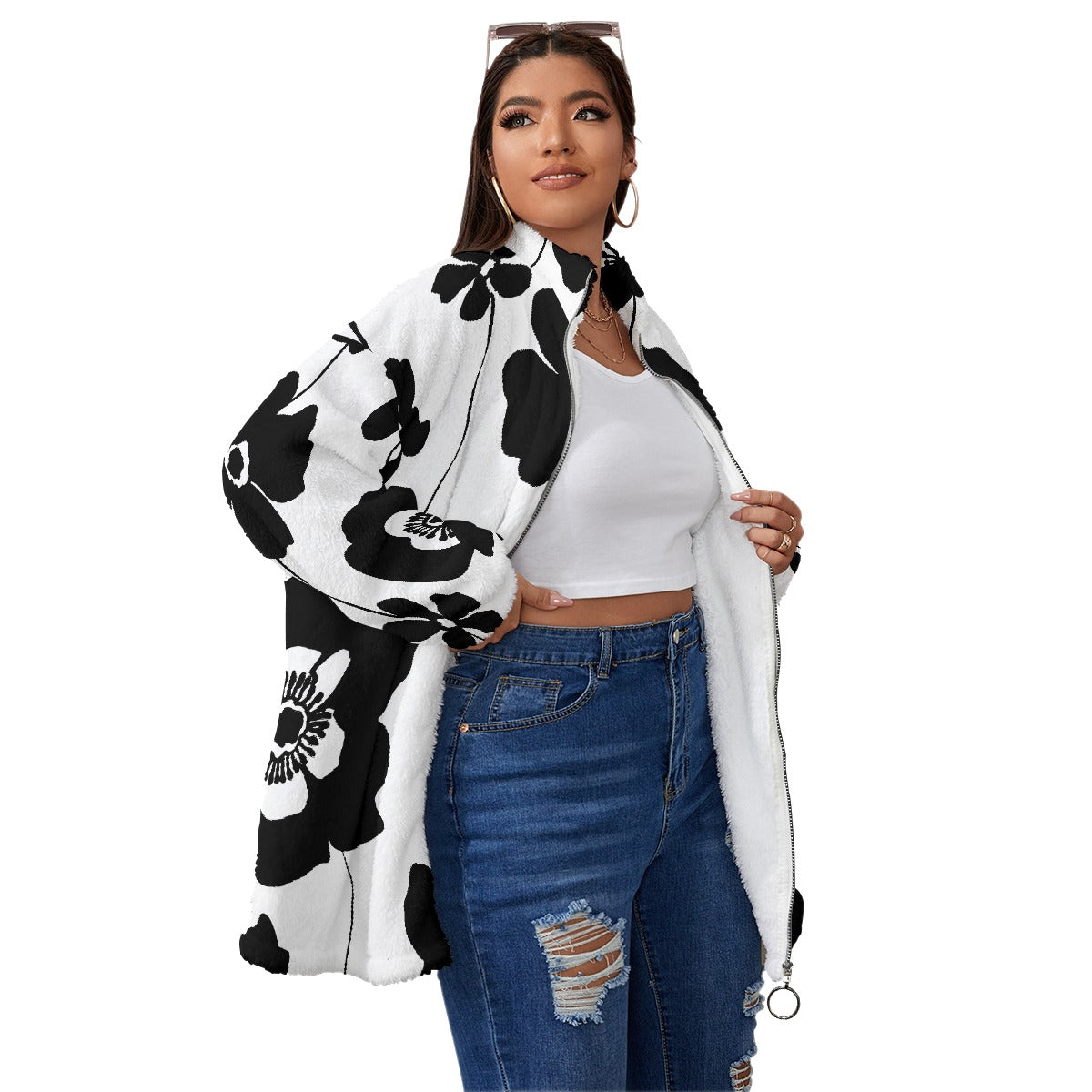 All-Over Print Unisex Borg Fleece Stand-up Collar Coat With Zipper Closure(Plus Size)