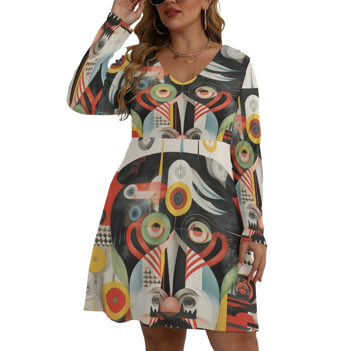 All-Over Print Women's V-neck Long Sleeve Dress(Plus Size)