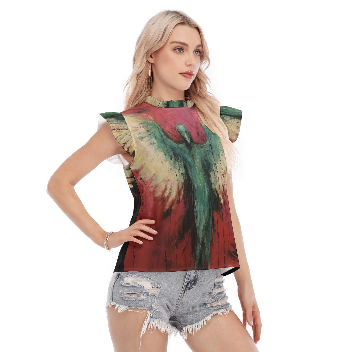 All-Over Print Women's Blouse With Ruffle Collar And Sleeve