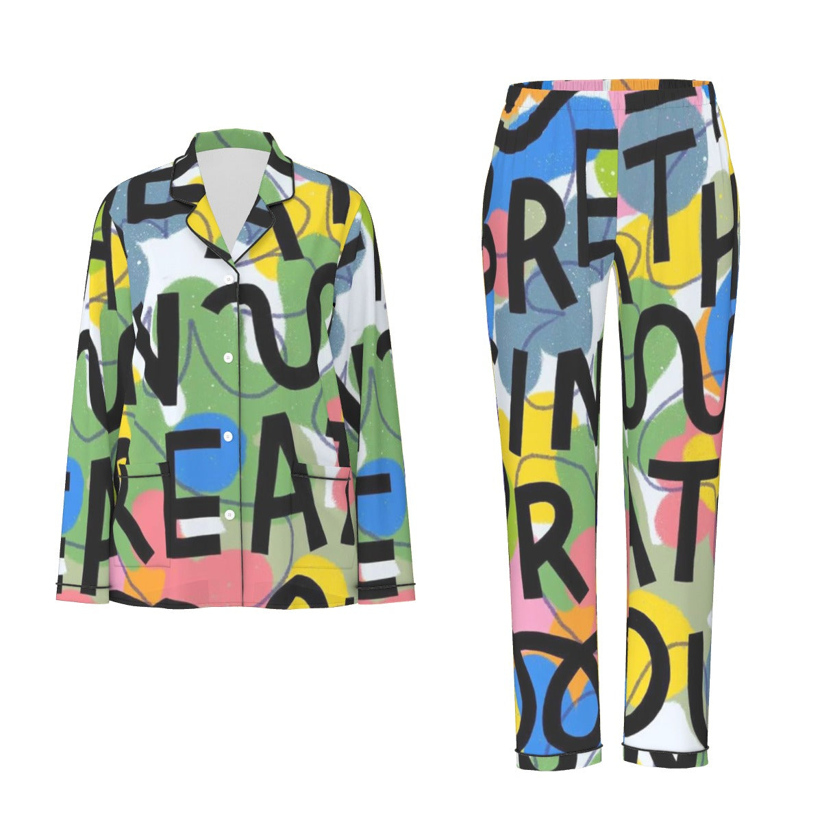 All-Over Print Women's Long Sleeve Pajama Set With Black Contrast Piping