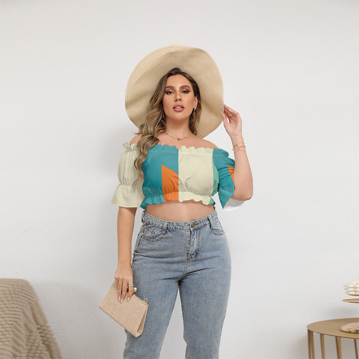 All-Over Print Women's Off-shoulder Cropped Top With Short Puff Sleeve