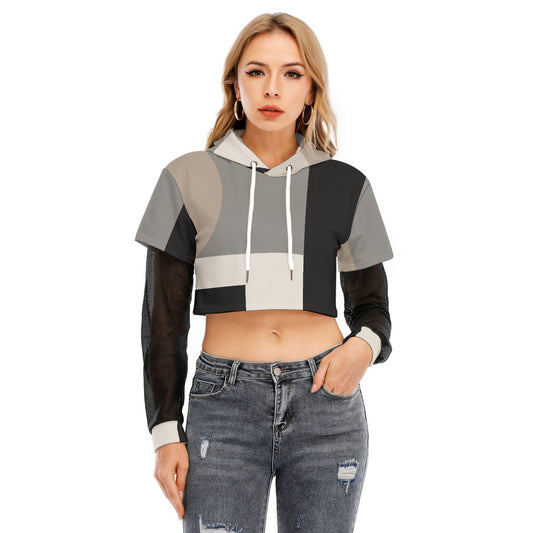 All-Over Print Women's Fake Two-piece Mesh Sleeve Cropped Hoodie