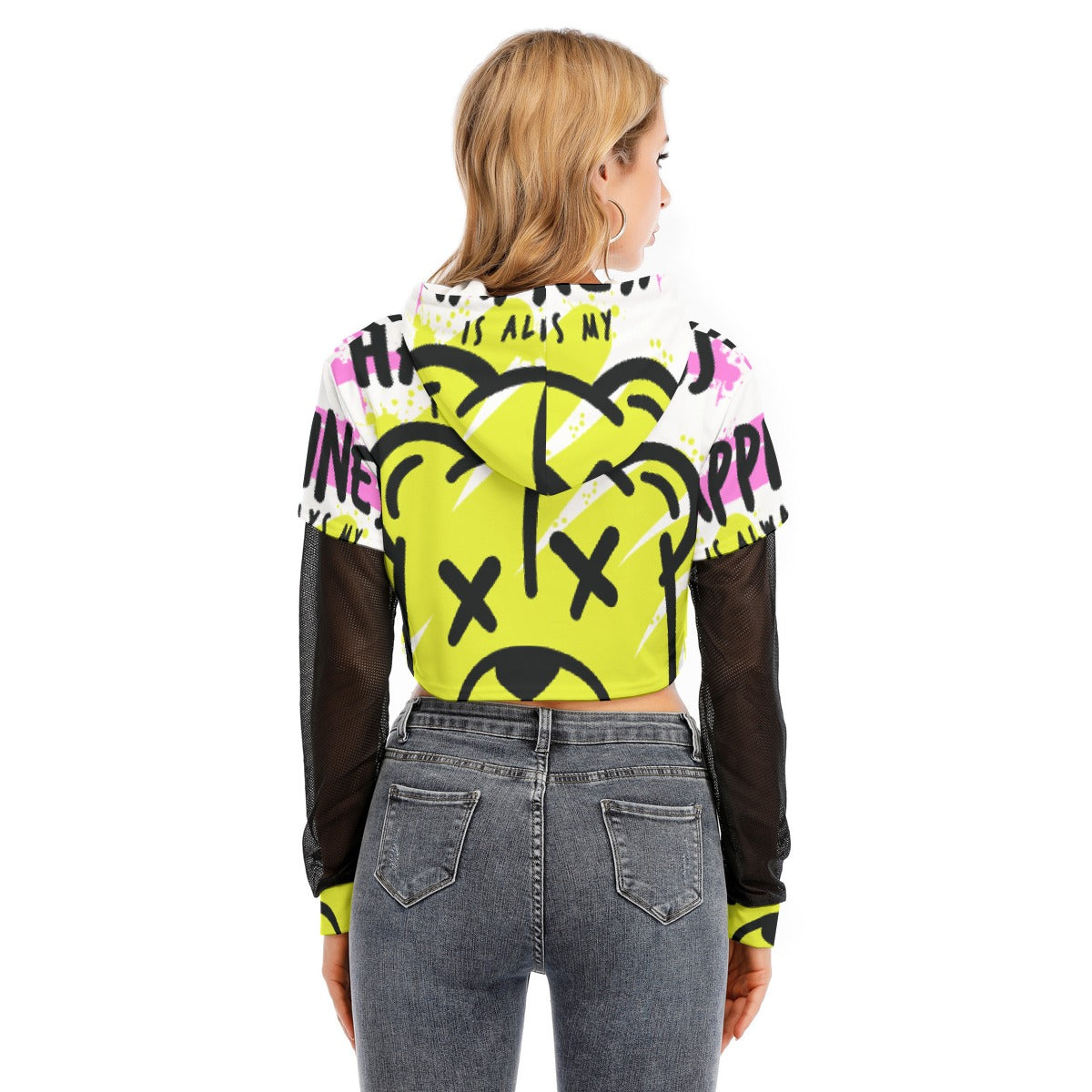 All-Over Print Women's Fake Two-piece Mesh Sleeve Cropped Hoodie