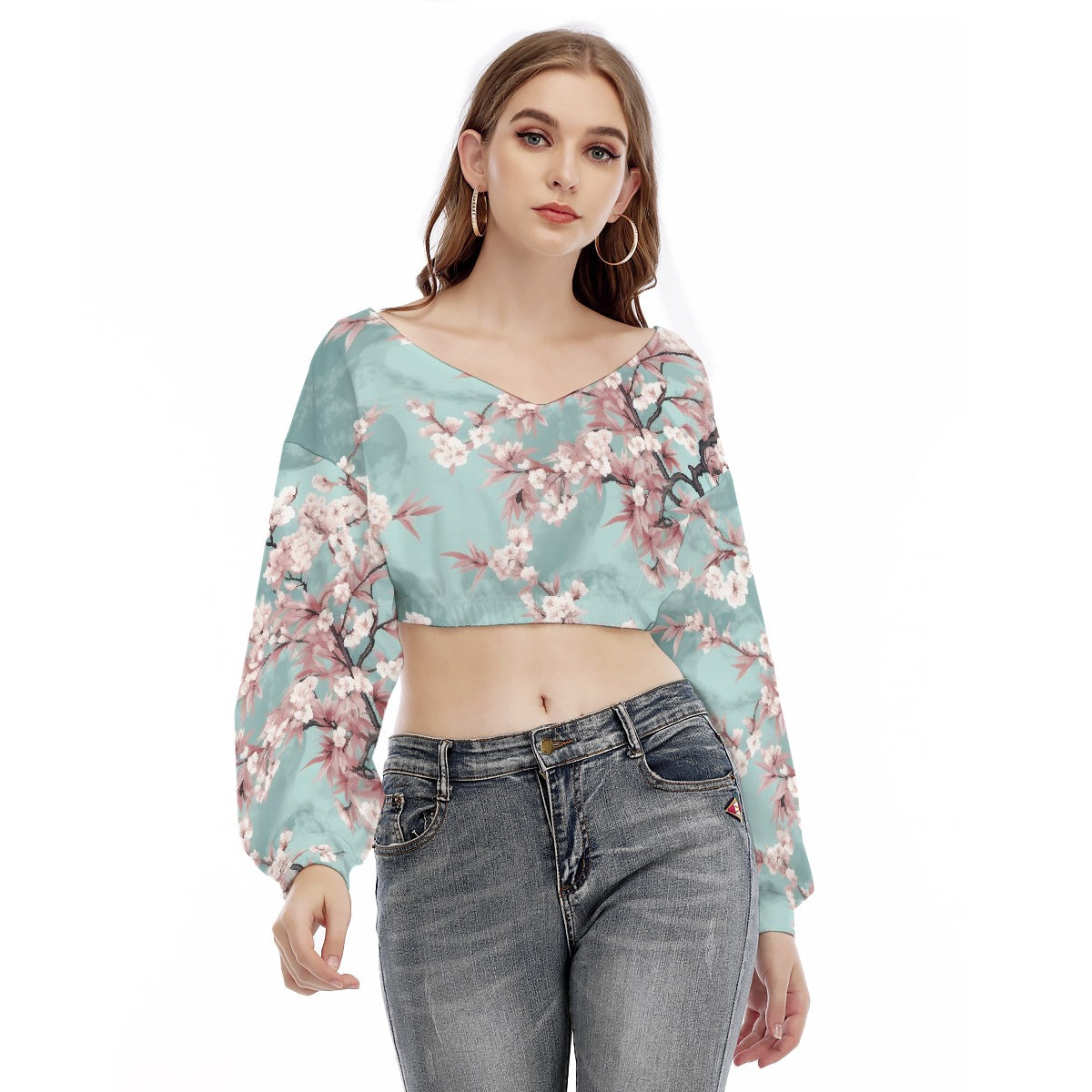 All-Over Print Women's V-neck Long Sleeve Cropped Sweatshirt