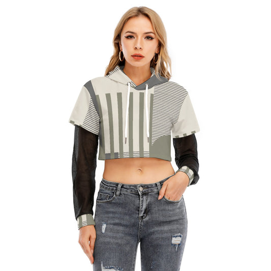 All-Over Print Women's Fake Two-piece Mesh Sleeve Cropped Hoodie