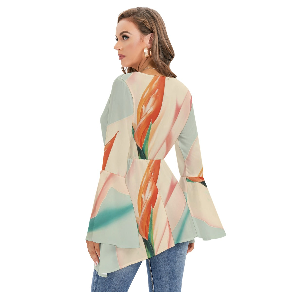 All-Over Print Women's V-neck Blouse With Flared Sleeves