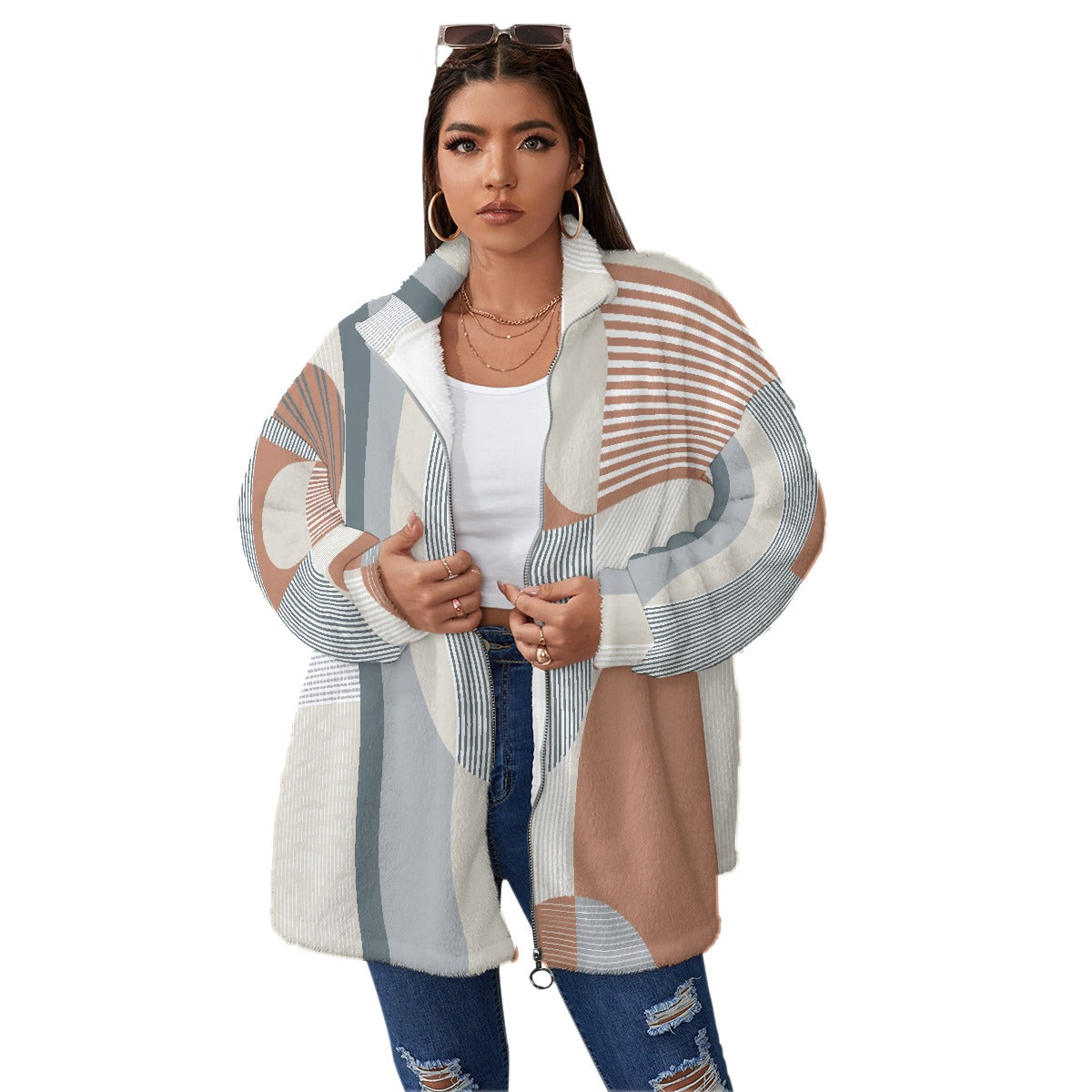 All-Over Print Unisex Borg Fleece Stand-up Collar Coat With Zipper Closure(Plus Size)