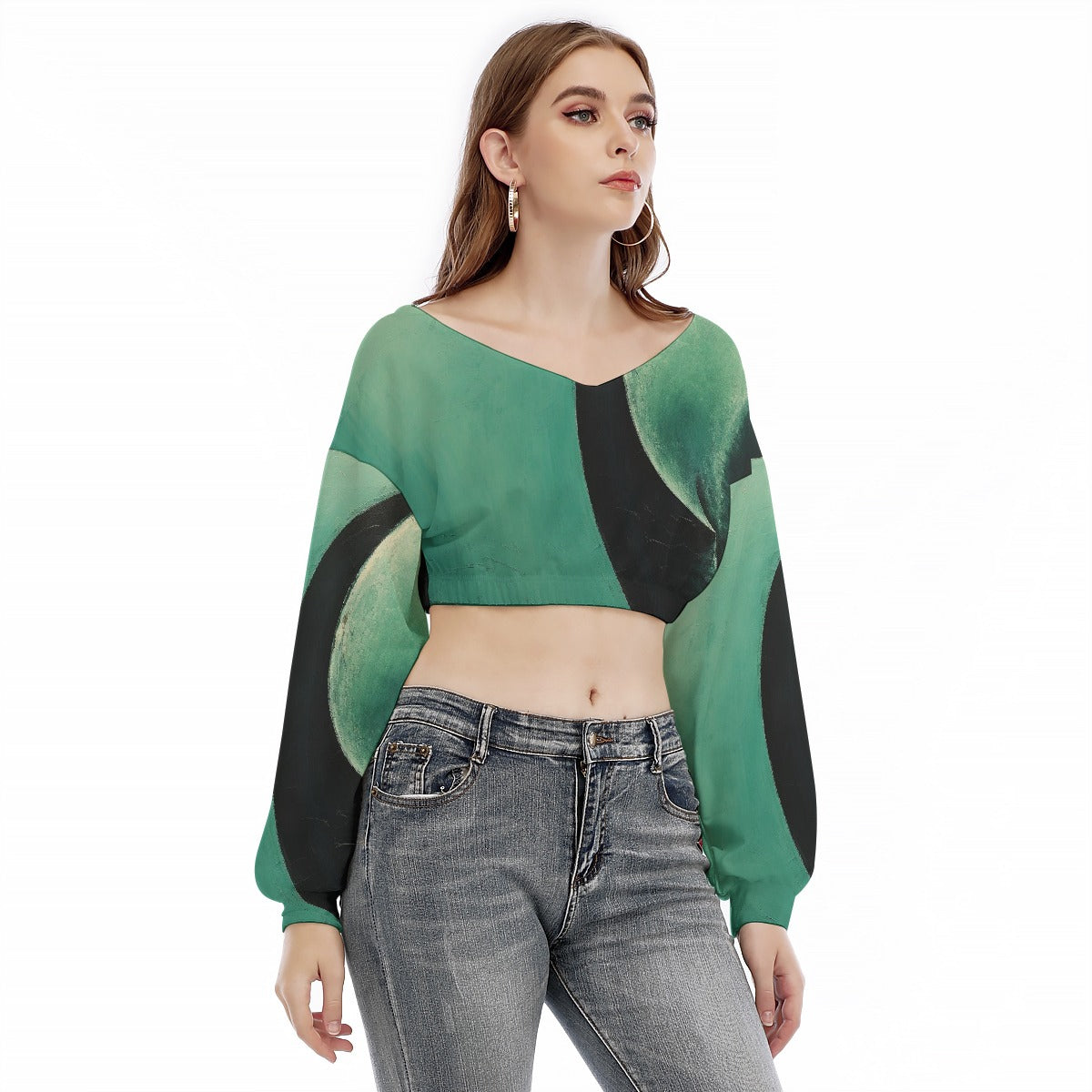 All-Over Print Women's V-neck Long Sleeve Cropped Sweatshirt