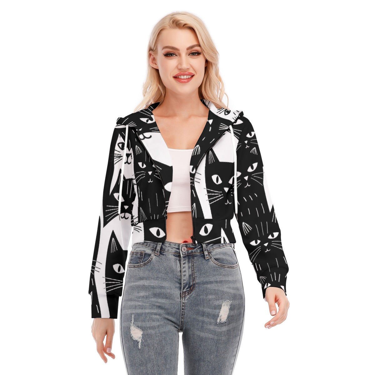 All-Over Print Women's Crop Top Hoodie With Zipper Closure