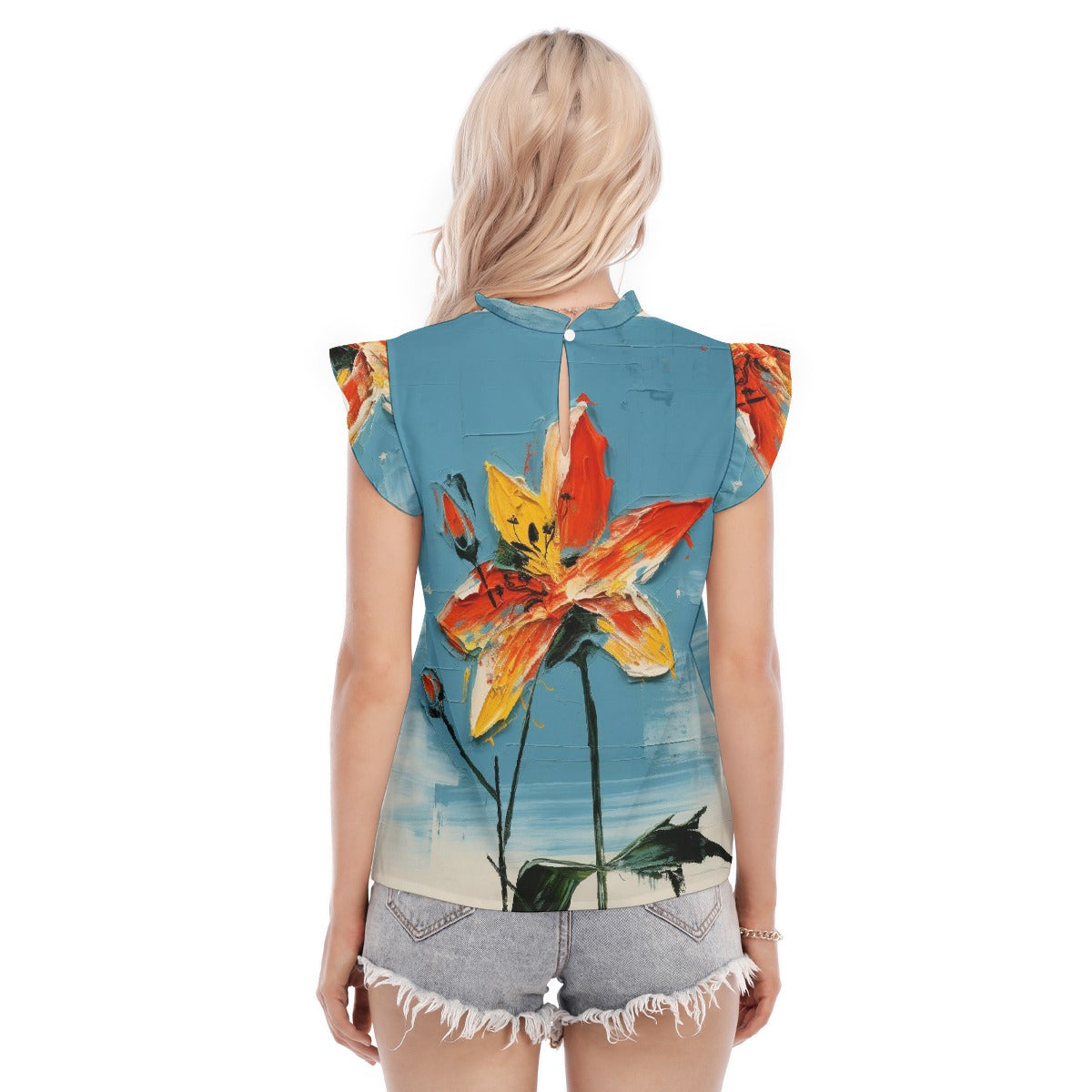 All-Over Print Women's Blouse With Ruffle Collar And Sleeve