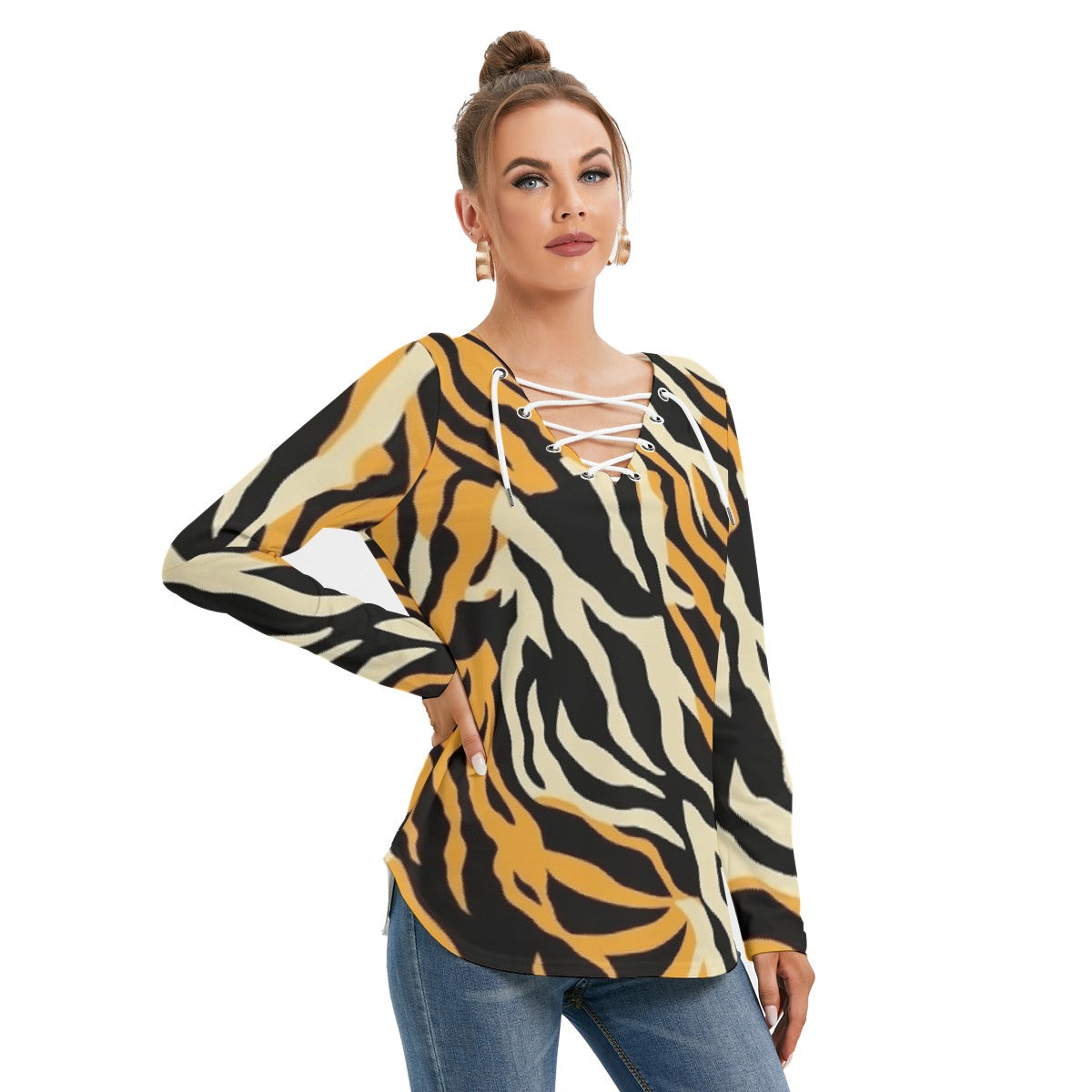 All-Over Print Women's Long Sleeve Neckline Tie Sweatshirt