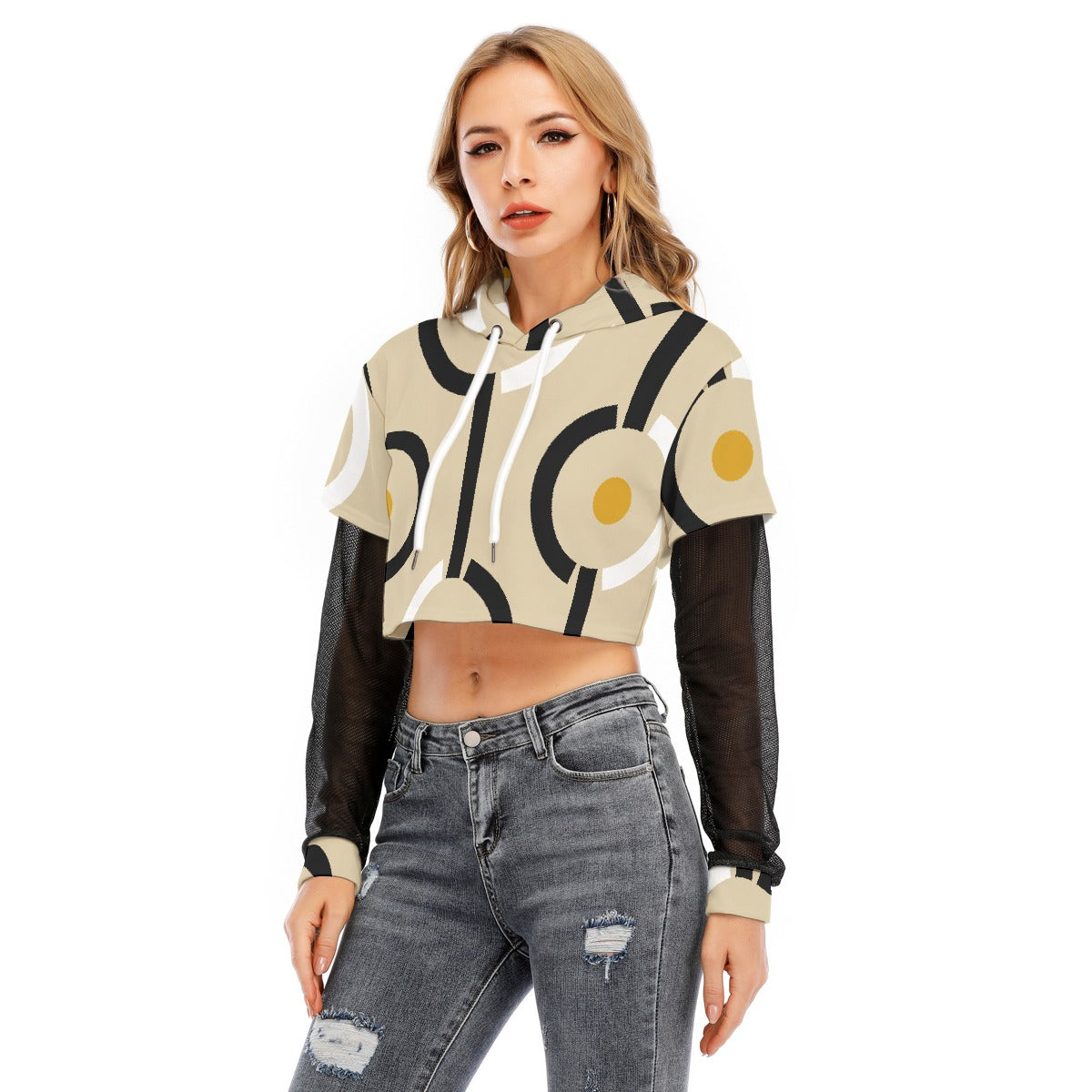 All-Over Print Women's Fake Two-piece Mesh Sleeve Cropped Hoodie