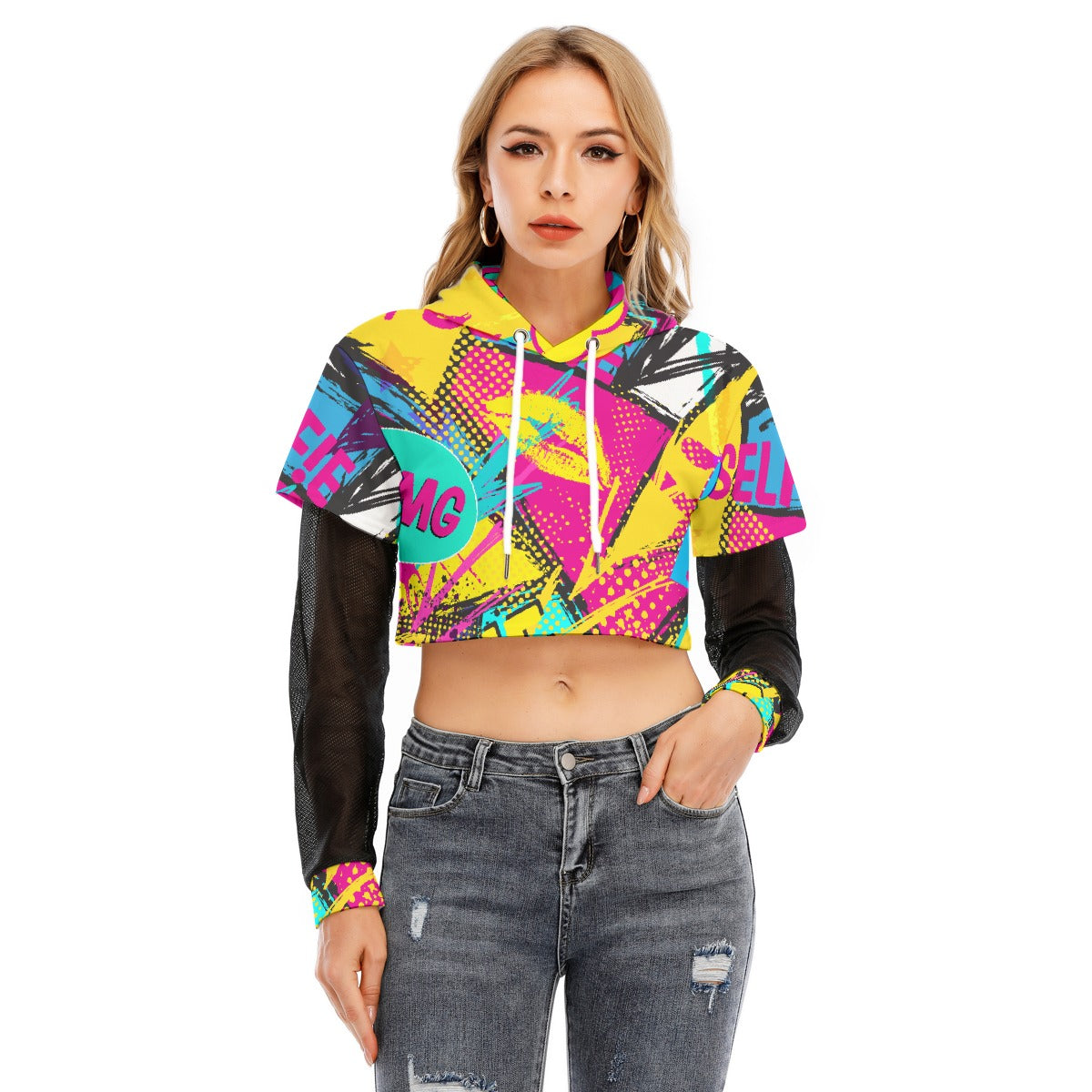 All-Over Print Women's Fake Two-piece Mesh Sleeve Cropped Hoodie