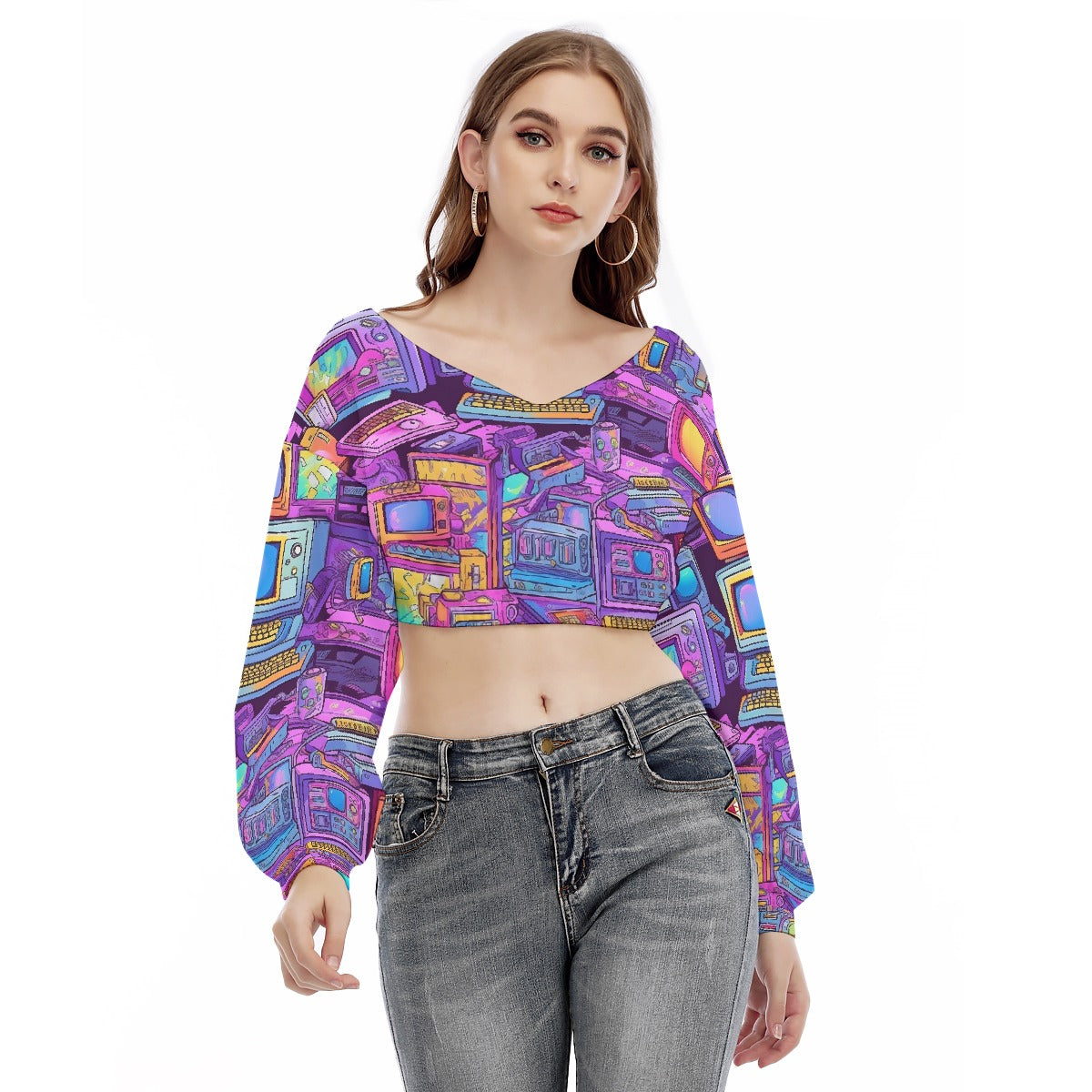 All-Over Print Women's V-neck Long Sleeve Cropped Sweatshirt