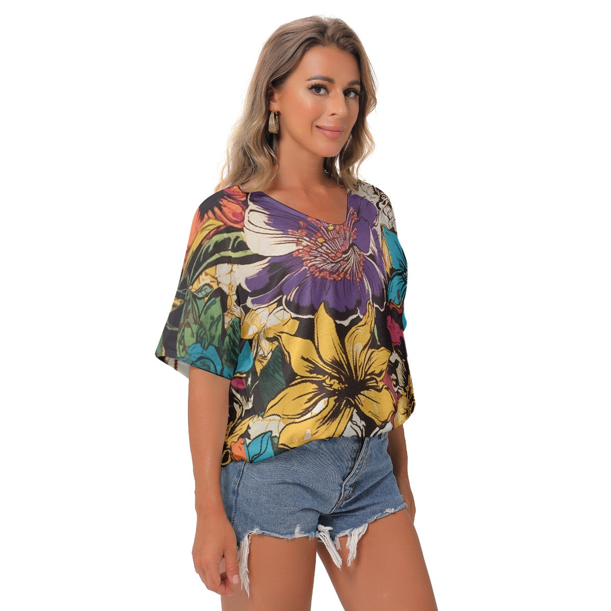 All-Over Print Women's Bat Sleeves V-Neck Blouse