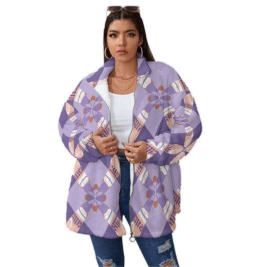 All-Over Print Unisex Borg Fleece Stand-up Collar Coat With Zipper Closure(Plus Size)