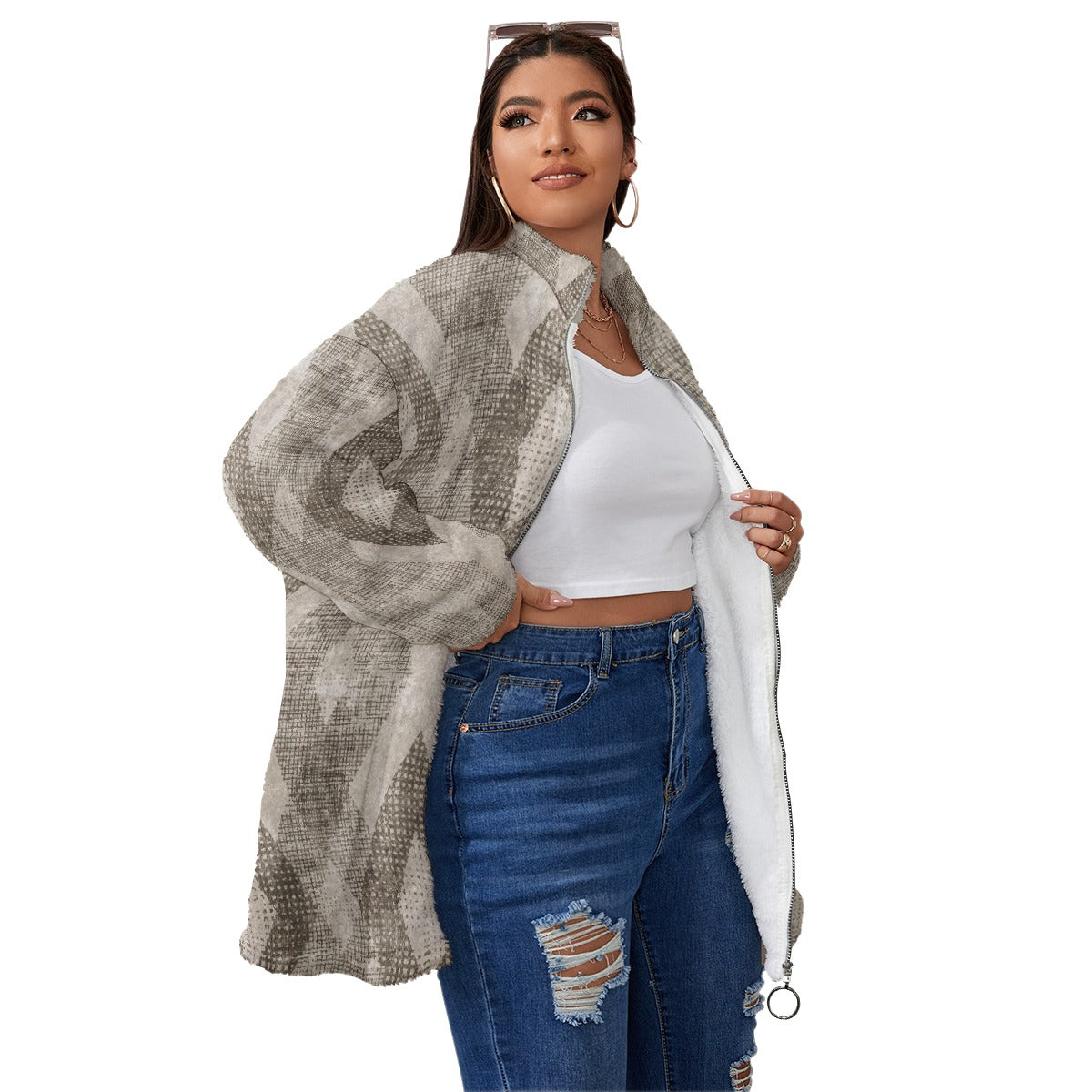 All-Over Print Unisex Borg Fleece Stand-up Collar Coat With Zipper Closure(Plus Size)