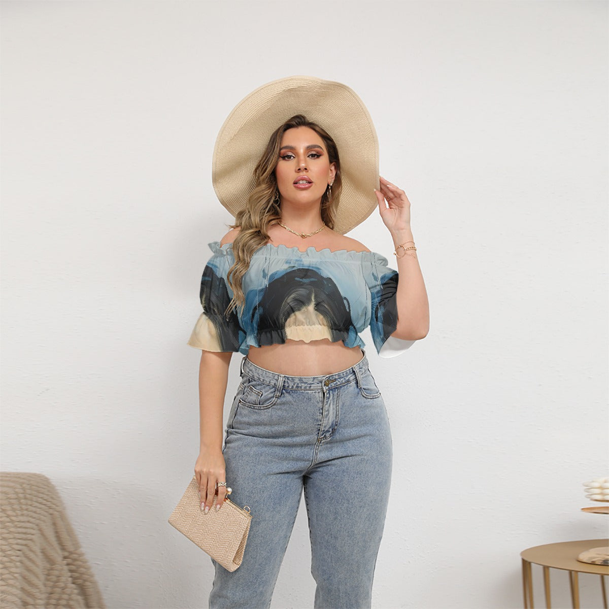 All-Over Print Women's Off-shoulder Cropped Top With Short Puff Sleeve