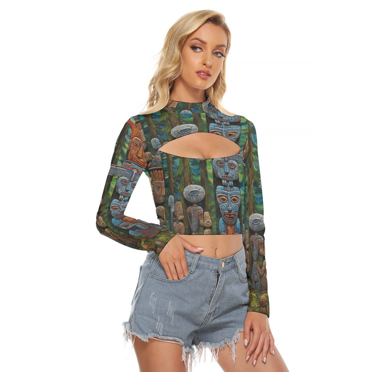 All-Over Print Women's Hollow Chest Keyhole Tight Crop Top