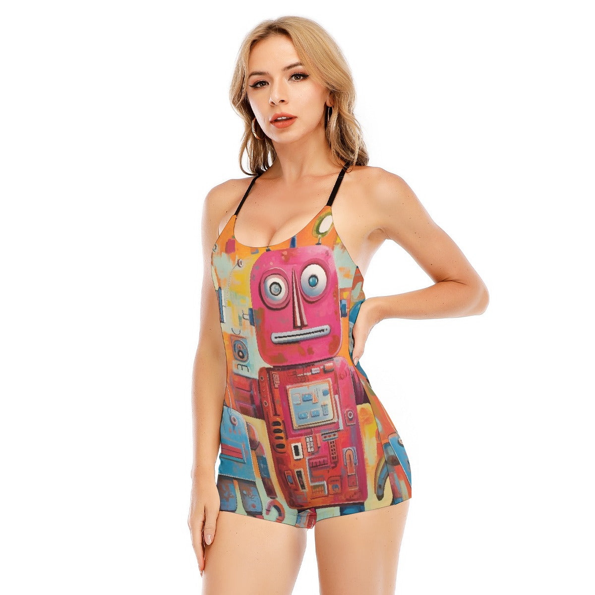 All-Over Print Women's Backless Romper With Black Straps