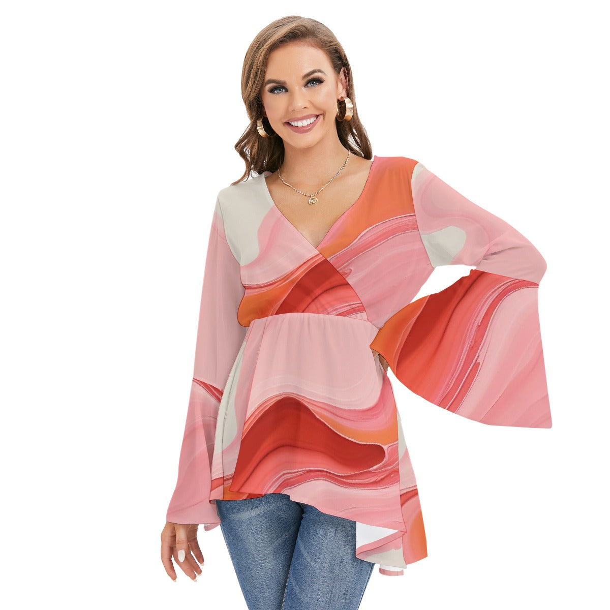 All-Over Print Women's V-neck Blouse With Flared Sleeves