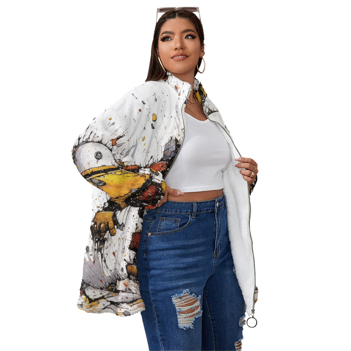 All-Over Print Unisex Borg Fleece Stand-up Collar Coat With Zipper Closure(Plus Size)