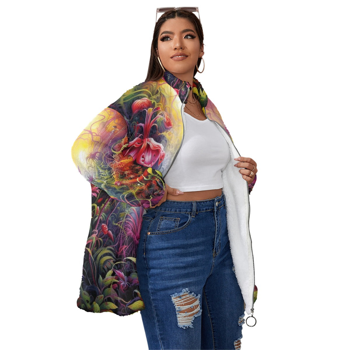 All-Over Print Unisex Borg Fleece Stand-up Collar Coat With Zipper Closure(Plus Size)