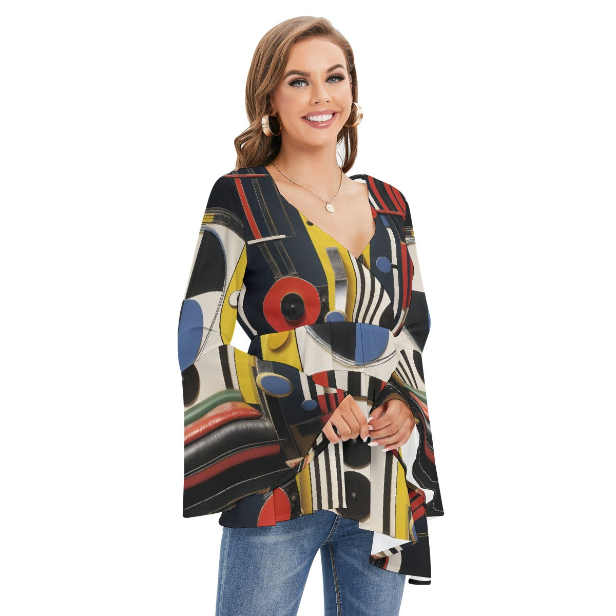 All-Over Print Women's V-neck Blouse With Flared Sleeves