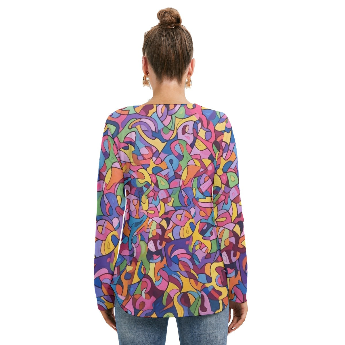 All-Over Print Women's Long Sleeve Neckline Tie Sweatshirt