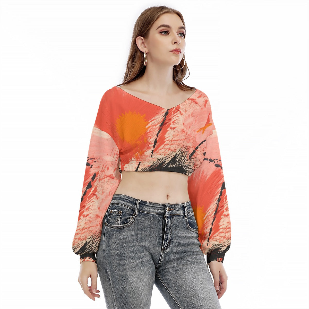 All-Over Print Women's V-neck Long Sleeve Cropped Sweatshirt