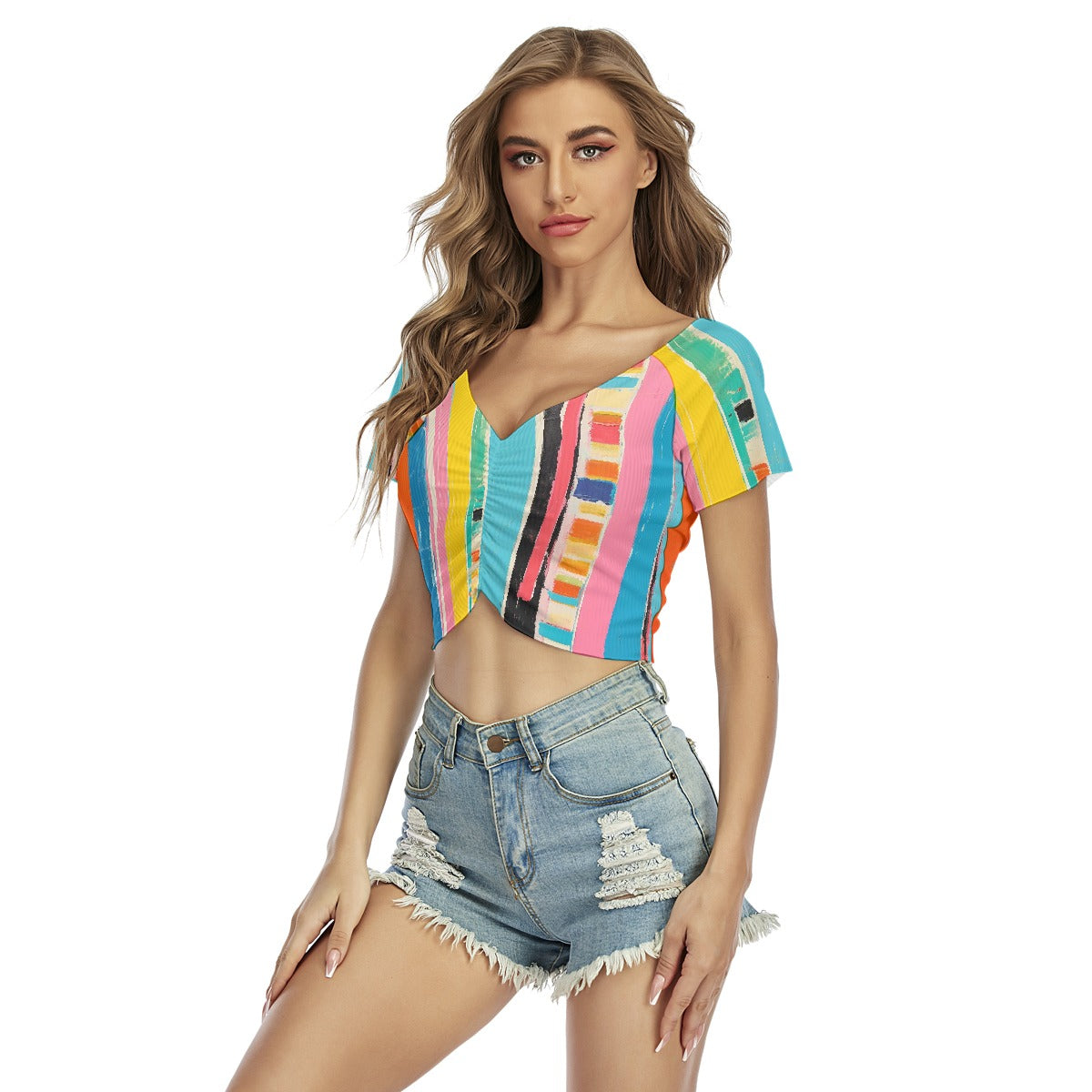 All-Over Print Women's Raglan Drawstring Front  Crop Tee