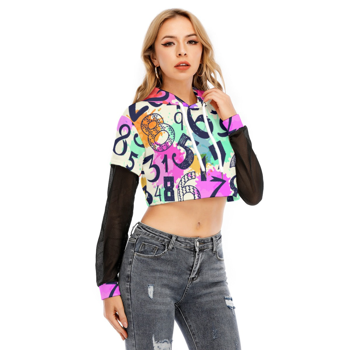 All-Over Print Women's Fake Two-piece Mesh Sleeve Cropped Hoodie