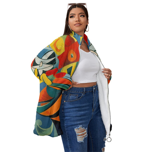 All-Over Print Unisex Borg Fleece Stand-up Collar Coat With Zipper Closure(Plus Size)