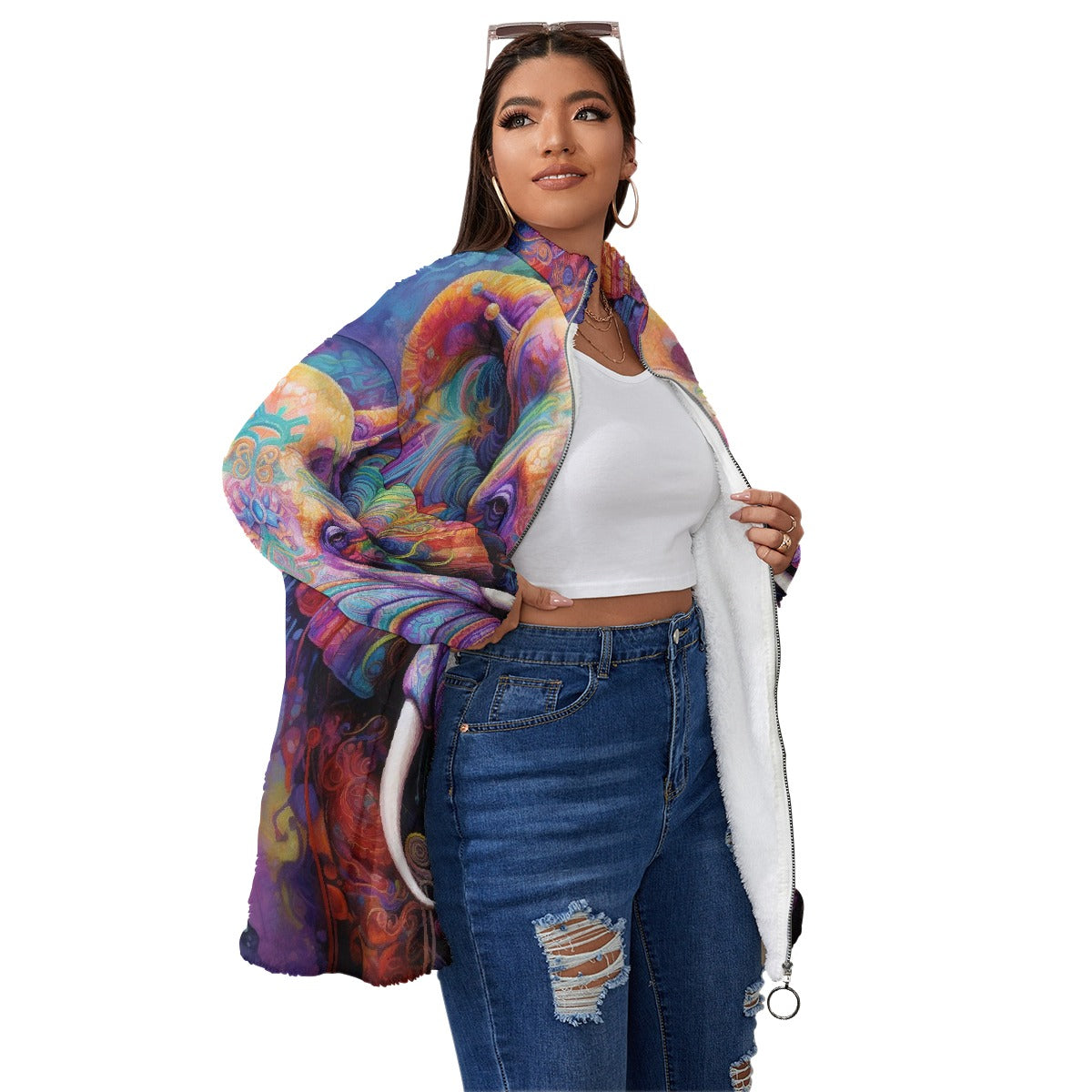 All-Over Print Unisex Borg Fleece Stand-up Collar Coat With Zipper Closure(Plus Size)