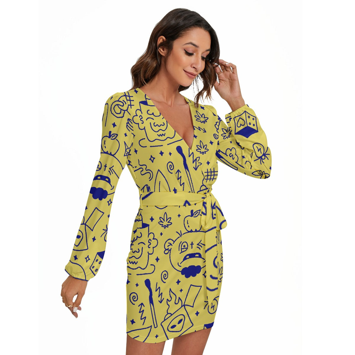 All-Over Print Women's Long Sleeve Dress With Waist Belt