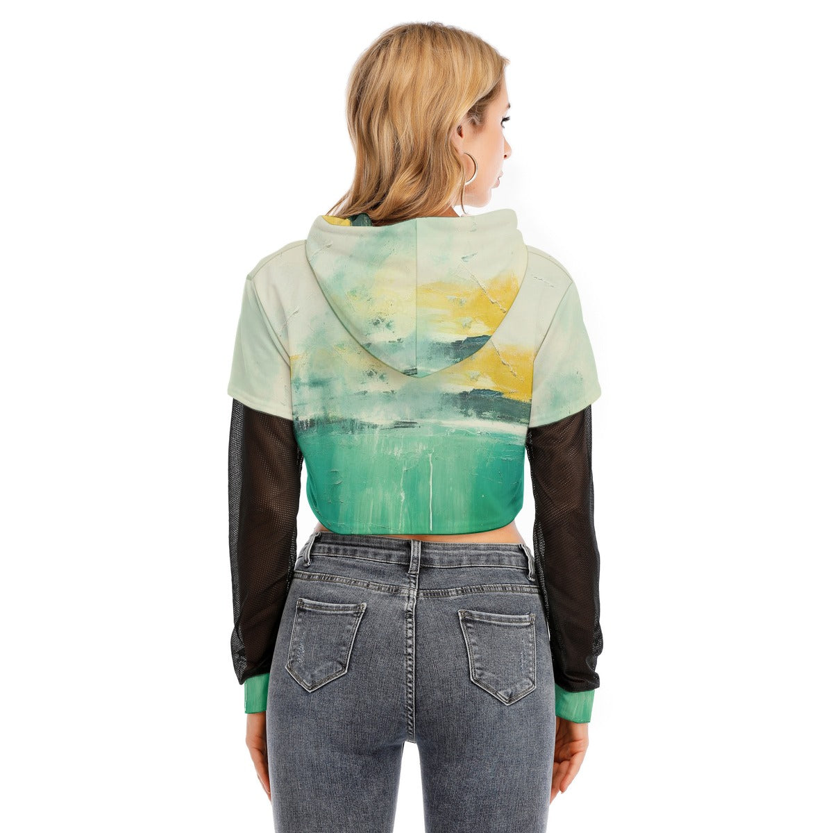 All-Over Print Women's Fake Two-piece Mesh Sleeve Cropped Hoodie