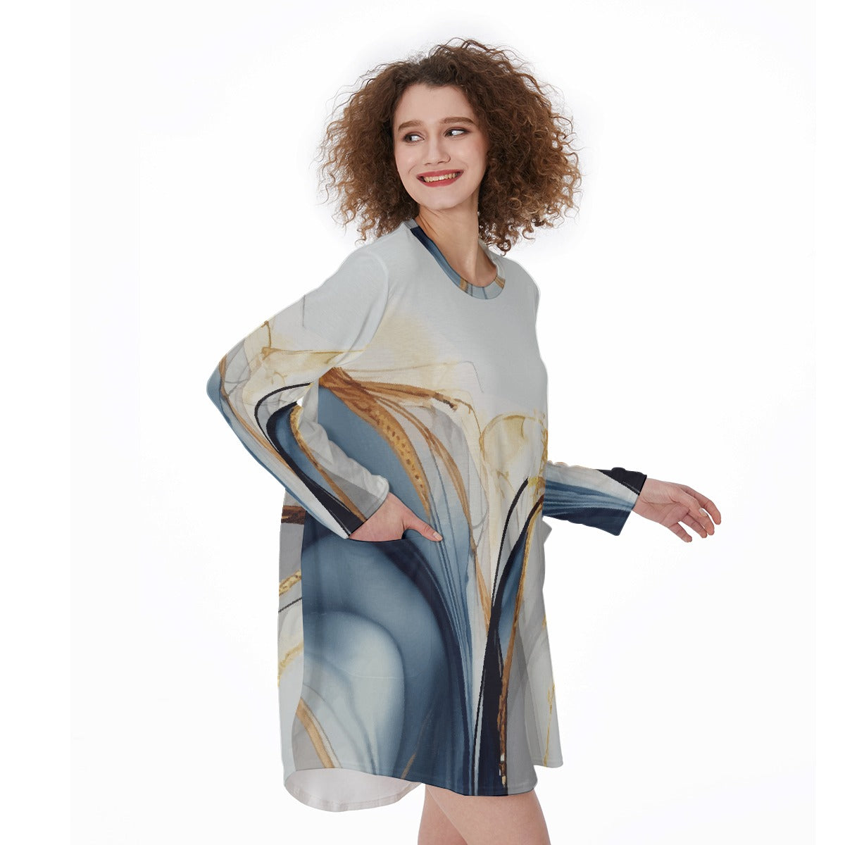 All-Over Print Women's Casual Loose Long Sleeve Dress With Pocket