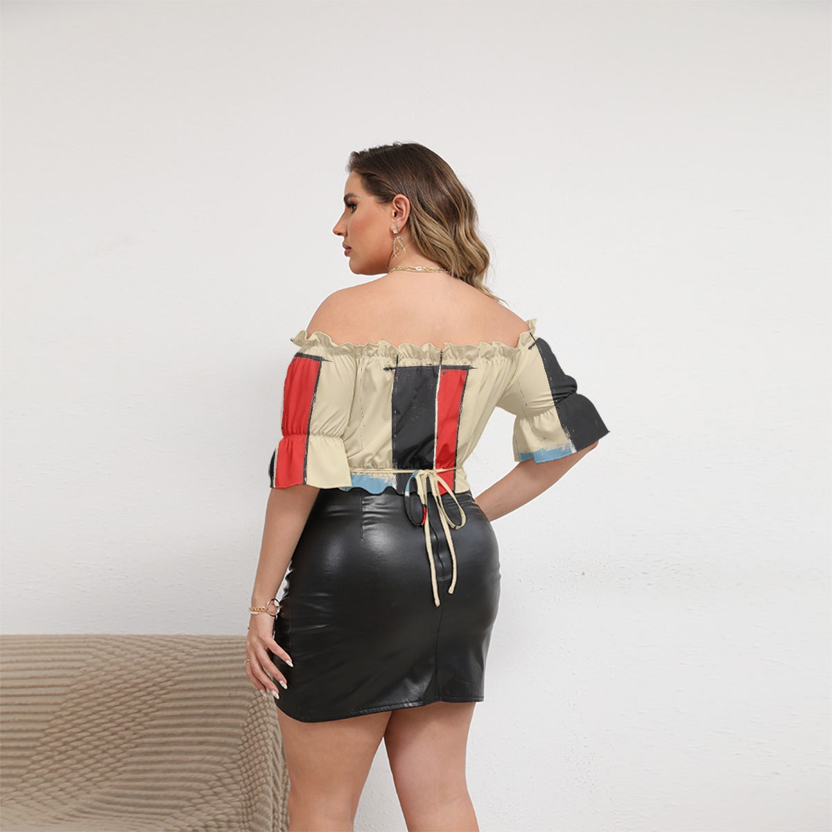 All-Over Print Women's Off-shoulder Cropped Top With Short Puff Sleeve