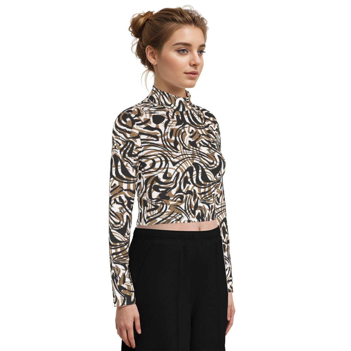 Eco-Friendly All-Over Print Women's Turtleneck T-shirt With Long Sleeve