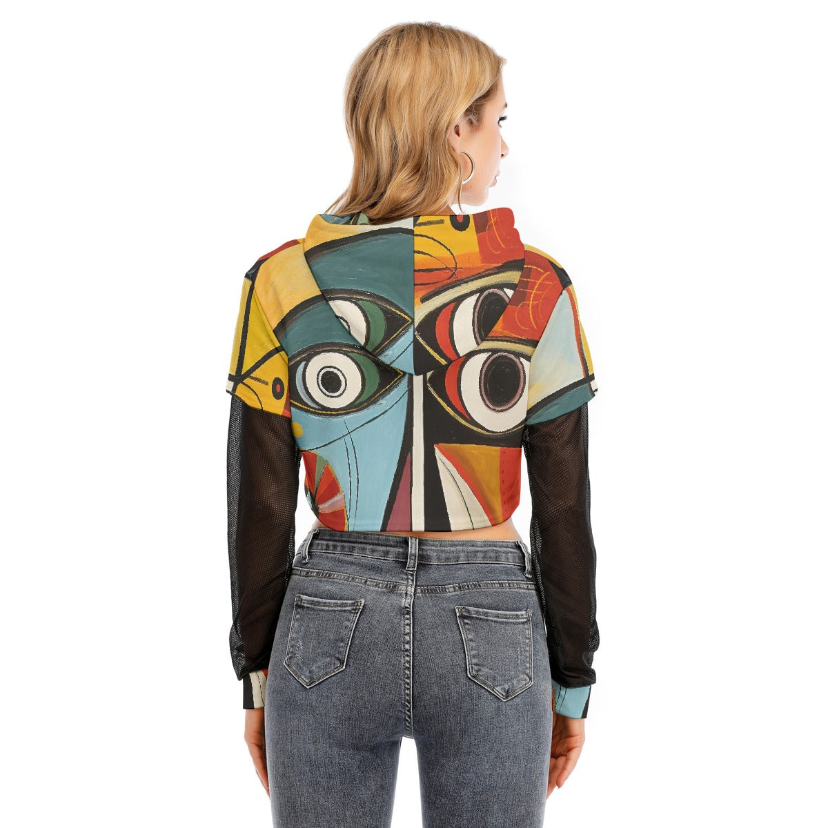 All-Over Print Women's Fake Two-piece Mesh Sleeve Cropped Hoodie