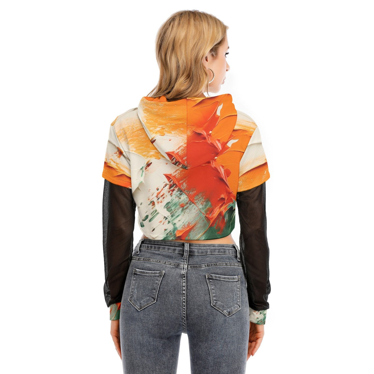 All-Over Print Women's Fake Two-piece Mesh Sleeve Cropped Hoodie