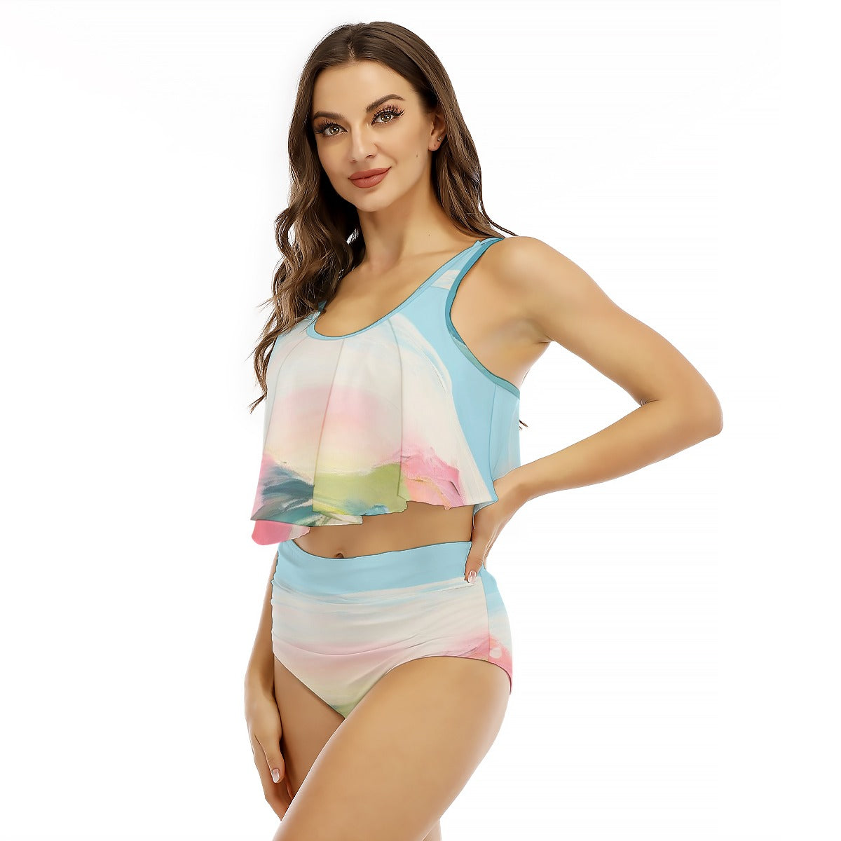 All-Over Print Women's Ruffled Vest Bikini Swimsuit