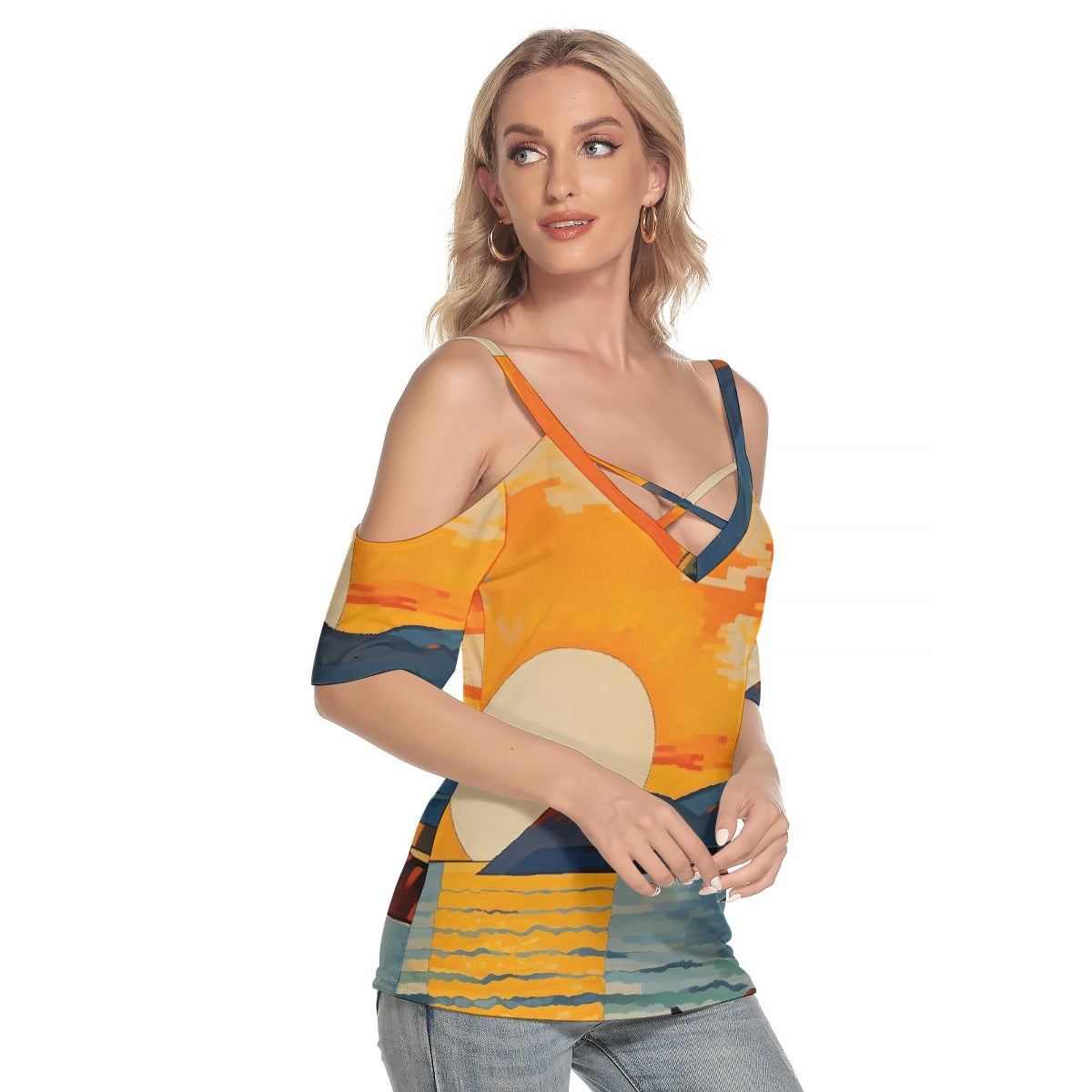 All-Over Print Women's Cold Shoulder T-shirt With Criss Cross Strips