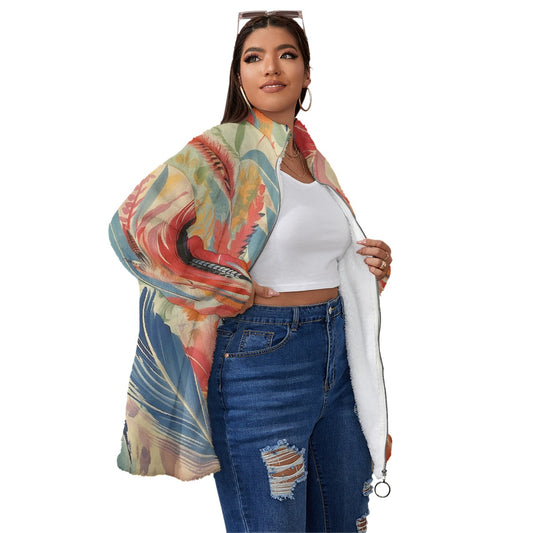 All-Over Print Unisex Borg Fleece Stand-up Collar Coat With Zipper Closure(Plus Size)