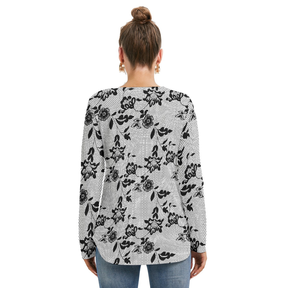 All-Over Print Women's Long Sleeve Neckline Tie Sweatshirt
