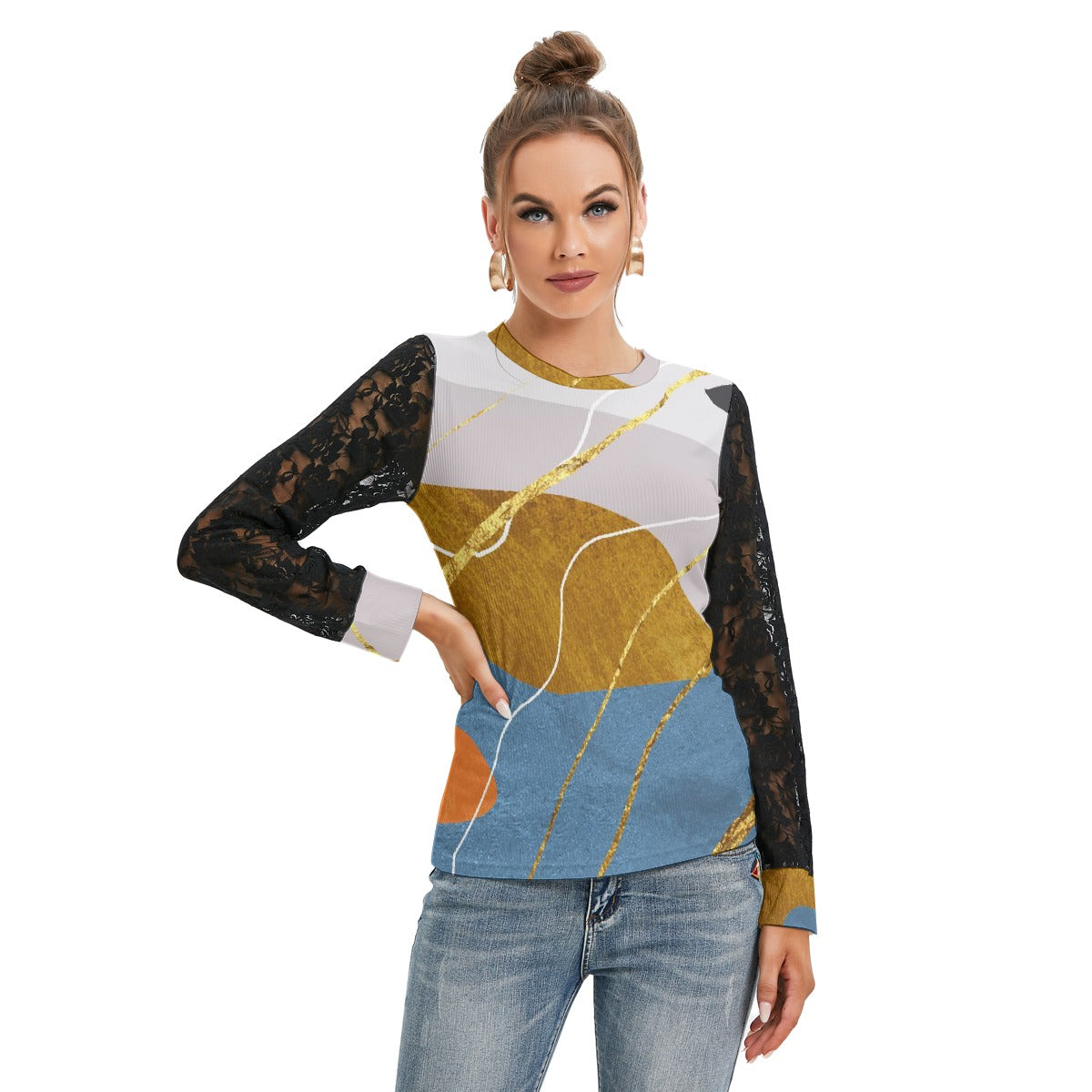 All-Over Print Women's T-shirt And Sleeve With Black Lace